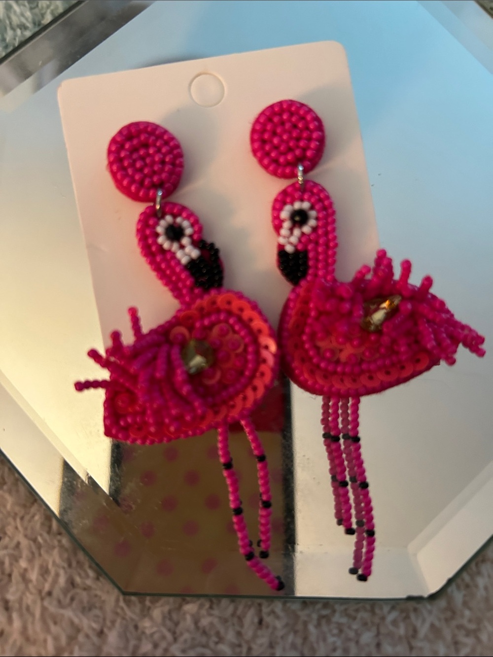 Handmade Beaded Flamingo & Colorful Parrot Statement Earrings - Pink, Multi - Picture 6 of 11